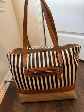 Striped Canvas Tote with Brown Leather Trim - Women's Handbag